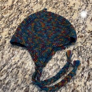 Multicolor Knit Beanie with Braided Ties